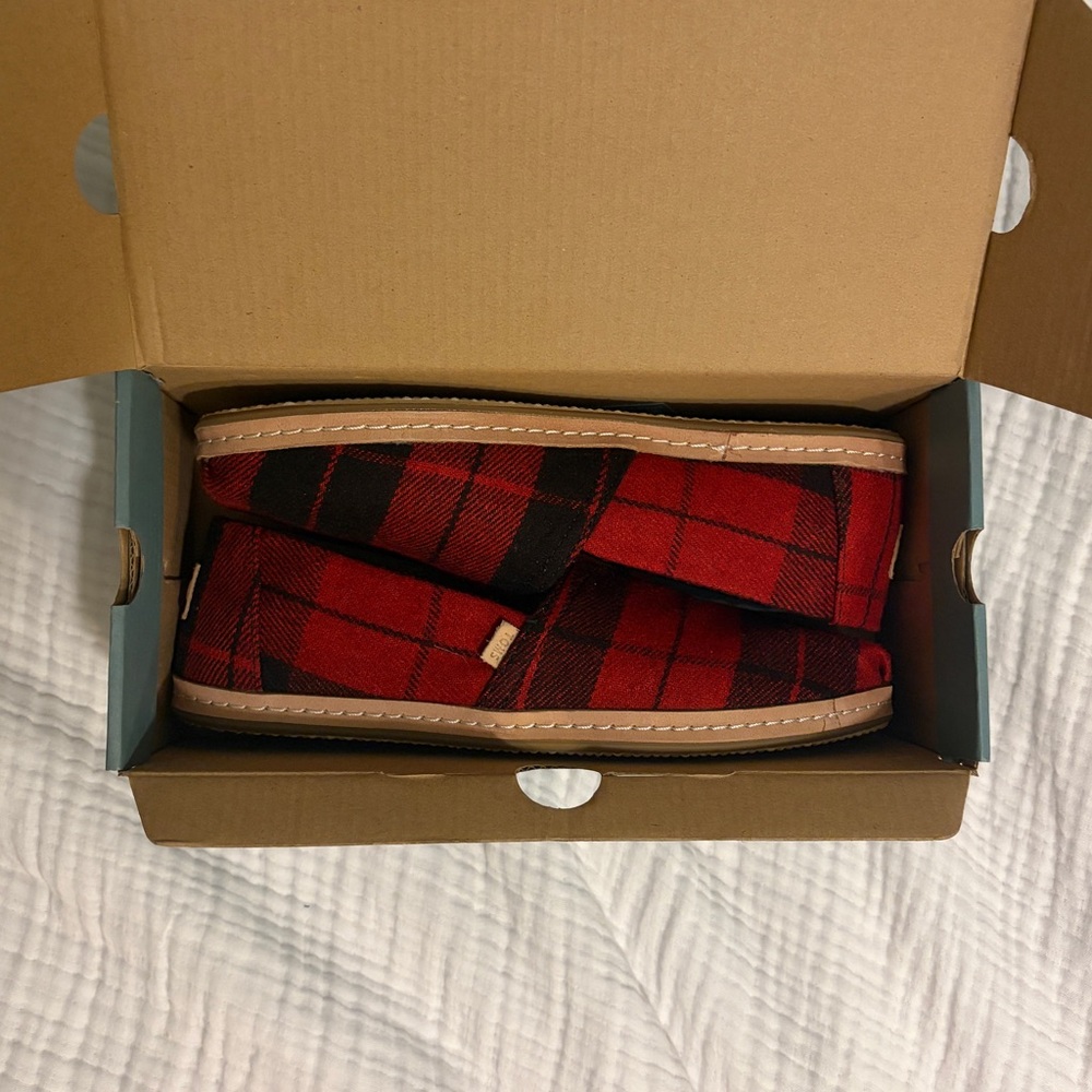 Toms Red and Black Plaid Slip-On Loafers